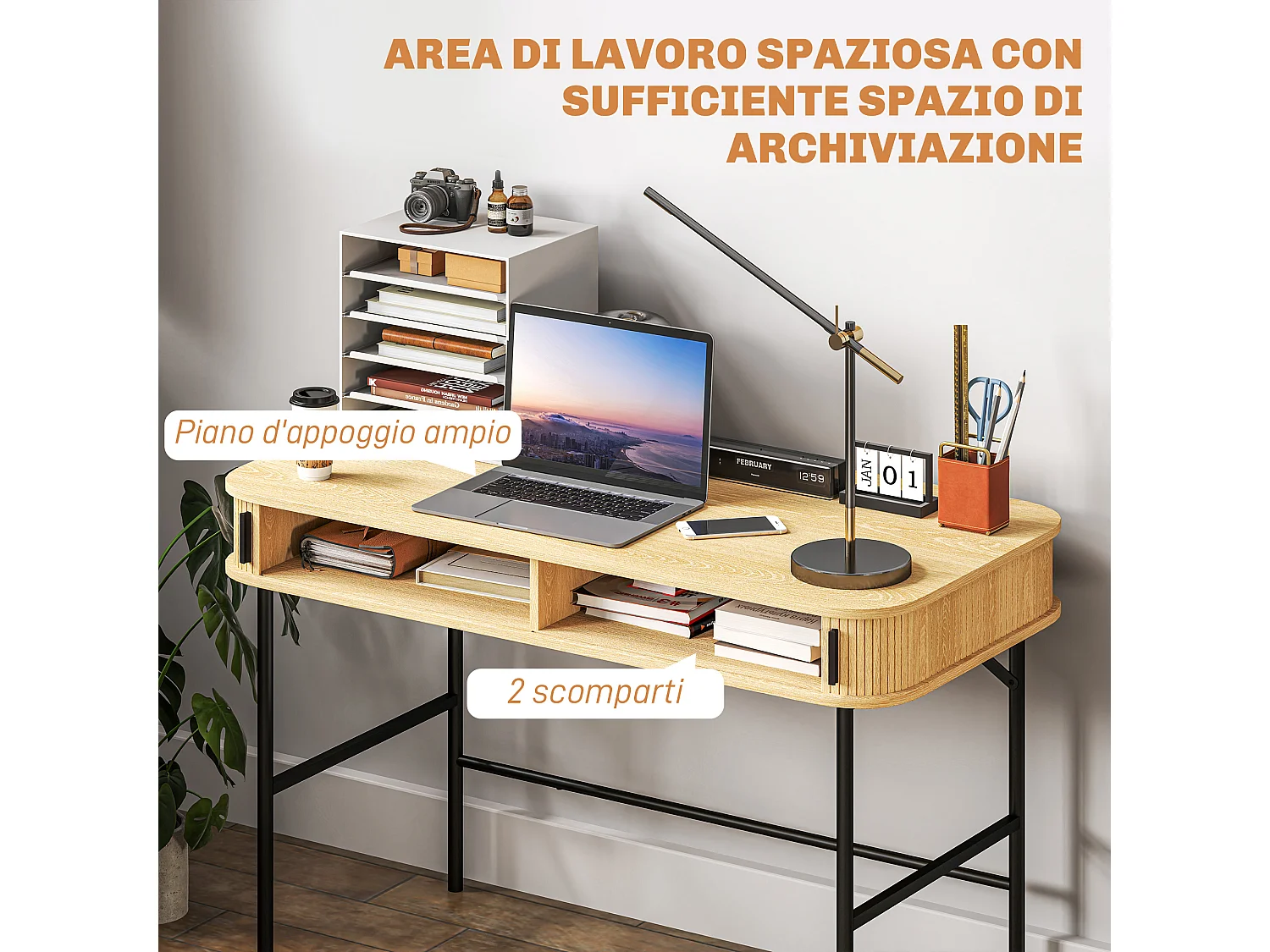 Scrivania per camera e ufficio con ante scanalate in legno e acciaio