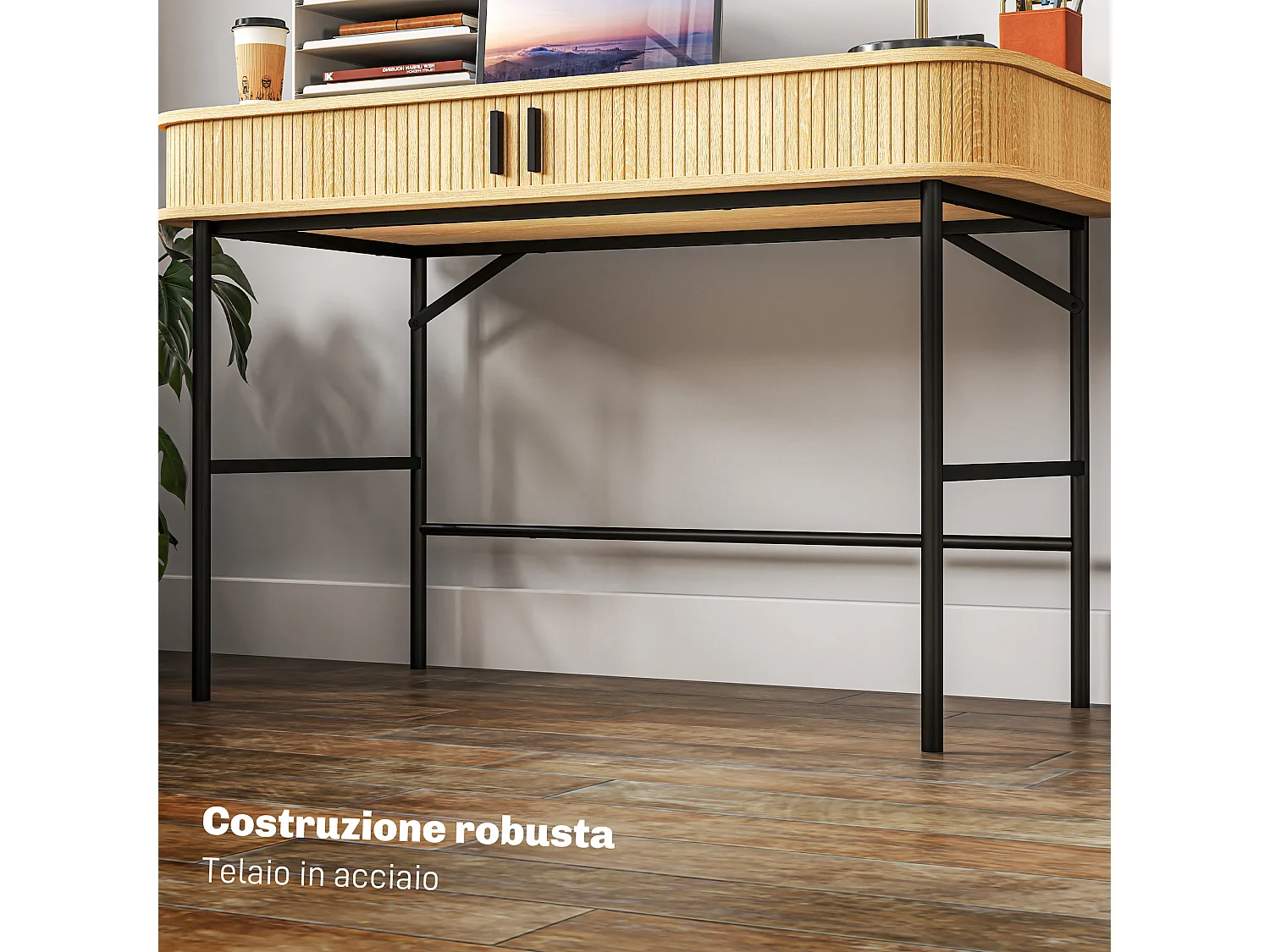 Scrivania per camera e ufficio con ante scanalate in legno e acciaio