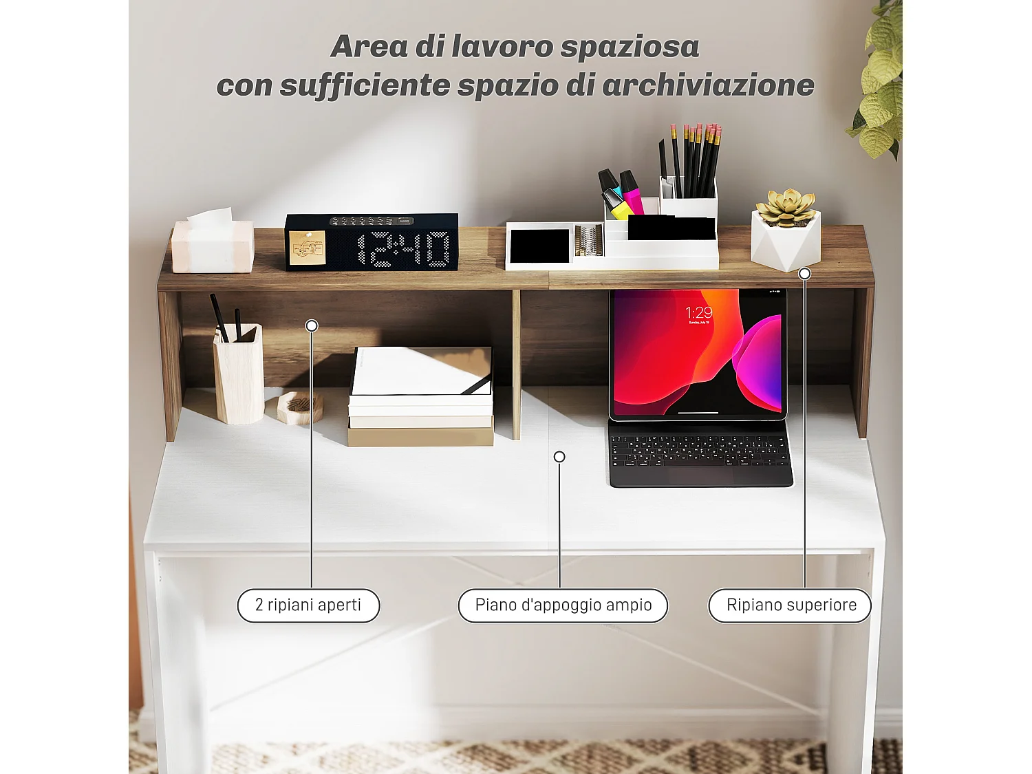 Scrivania pc con piano rialzato e 2 ripiani in truciolato multicolore