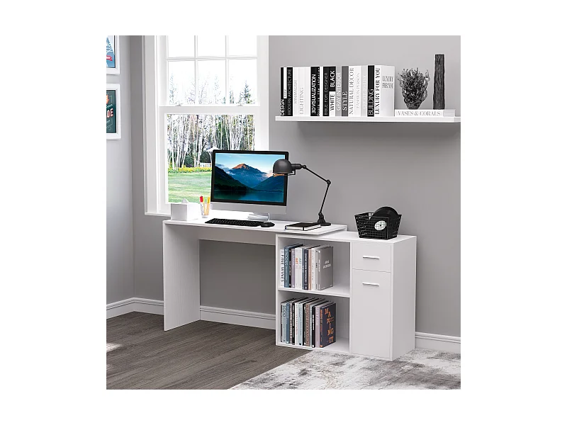 Scrivania angolare con libreria scaffale in legno bianco