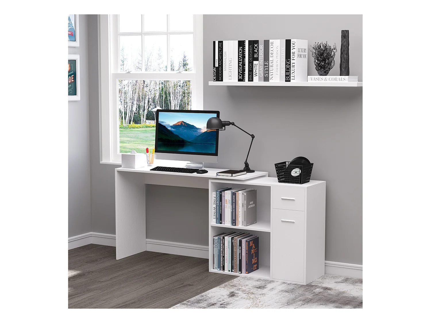 Scrivania angolare con libreria scaffale in legno bianco