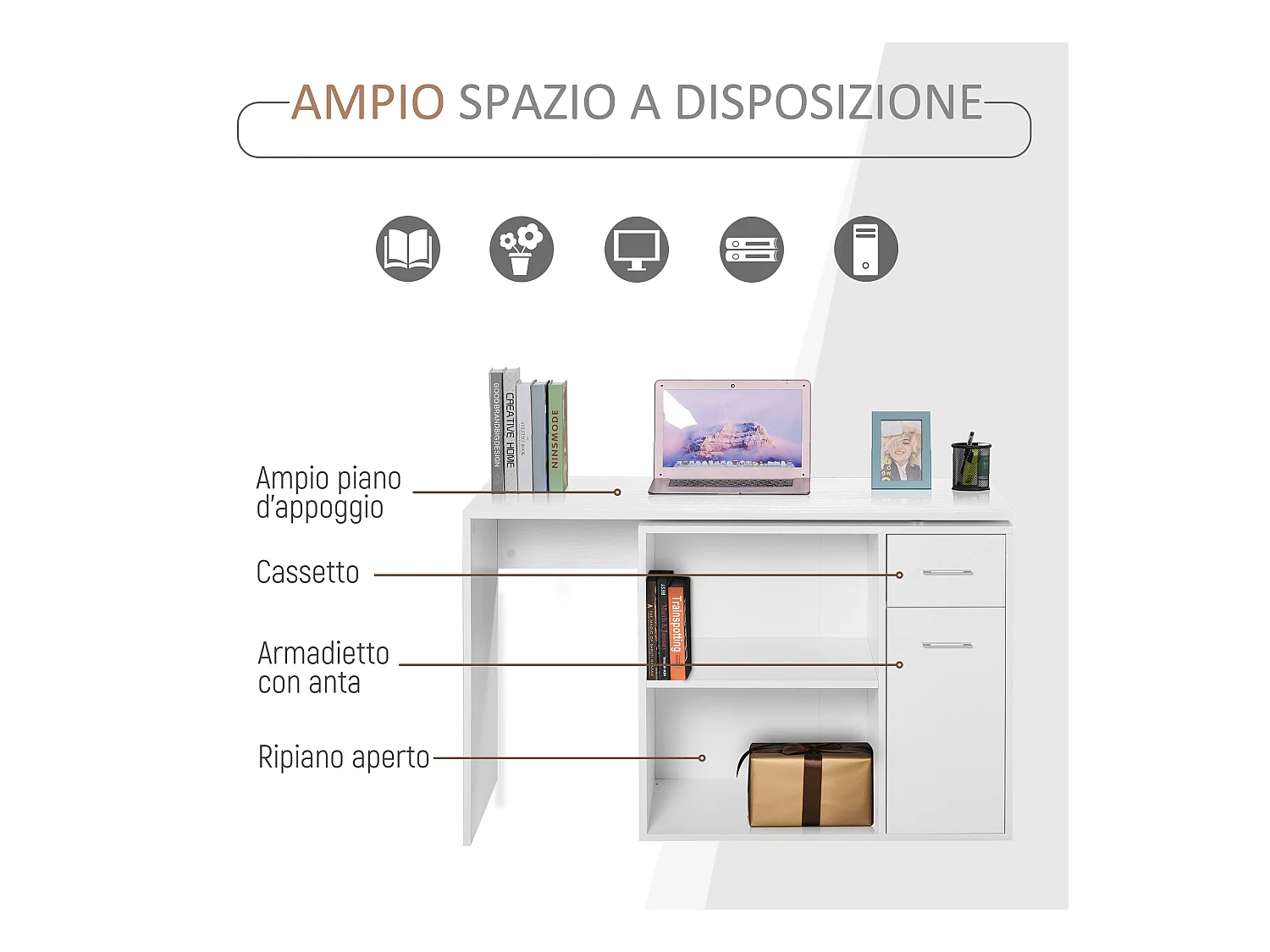 Scrivania angolare con libreria scaffale in legno bianco