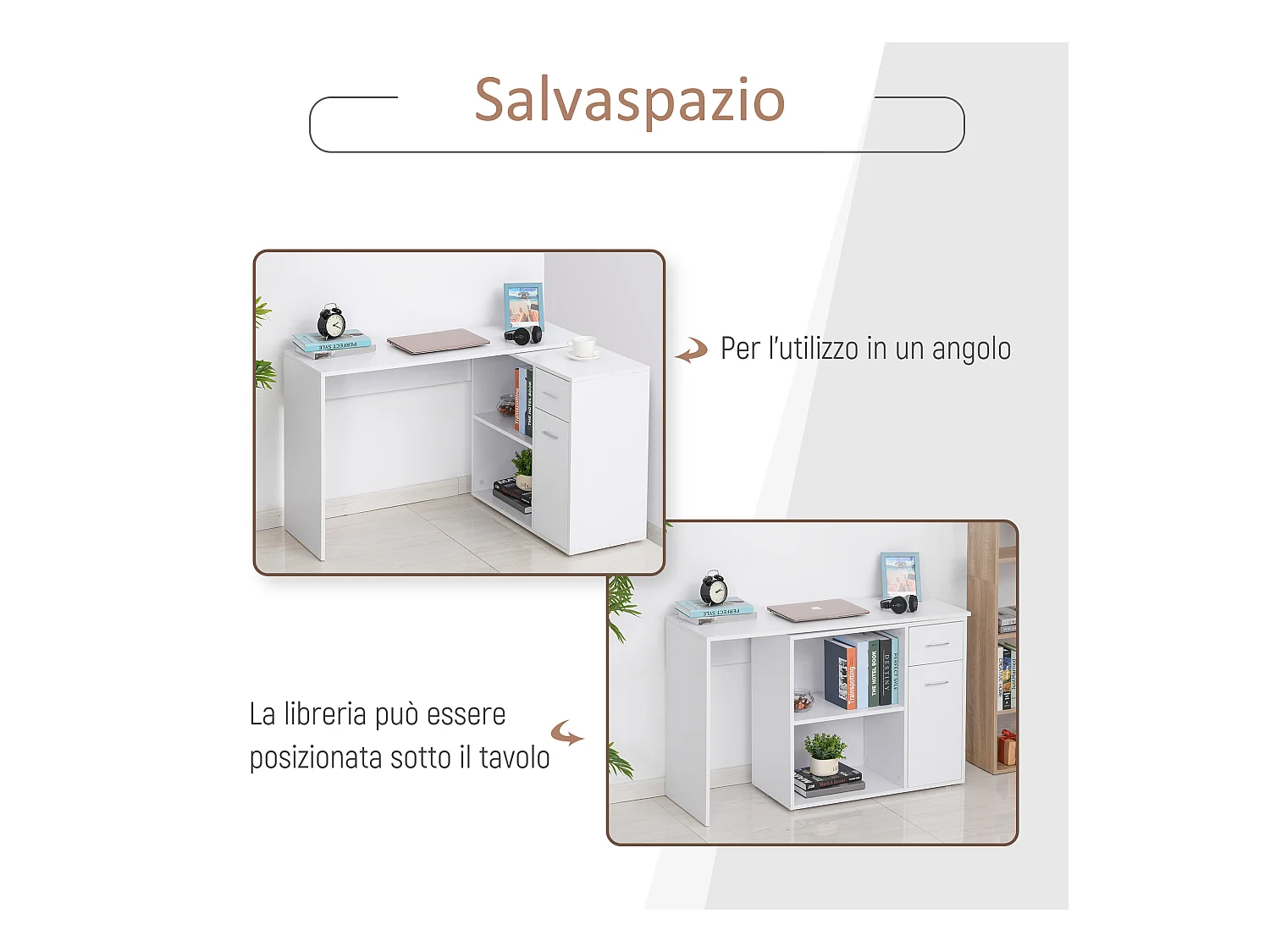 Scrivania angolare con libreria scaffale in legno bianco