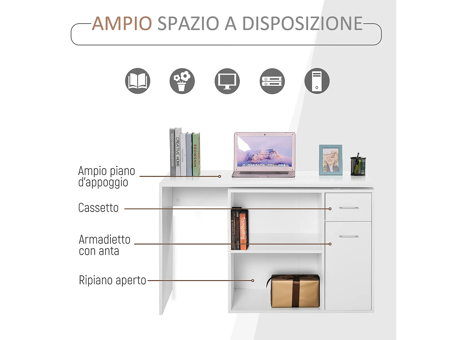 Scrivania angolare con libreria scaffale in legno bianco