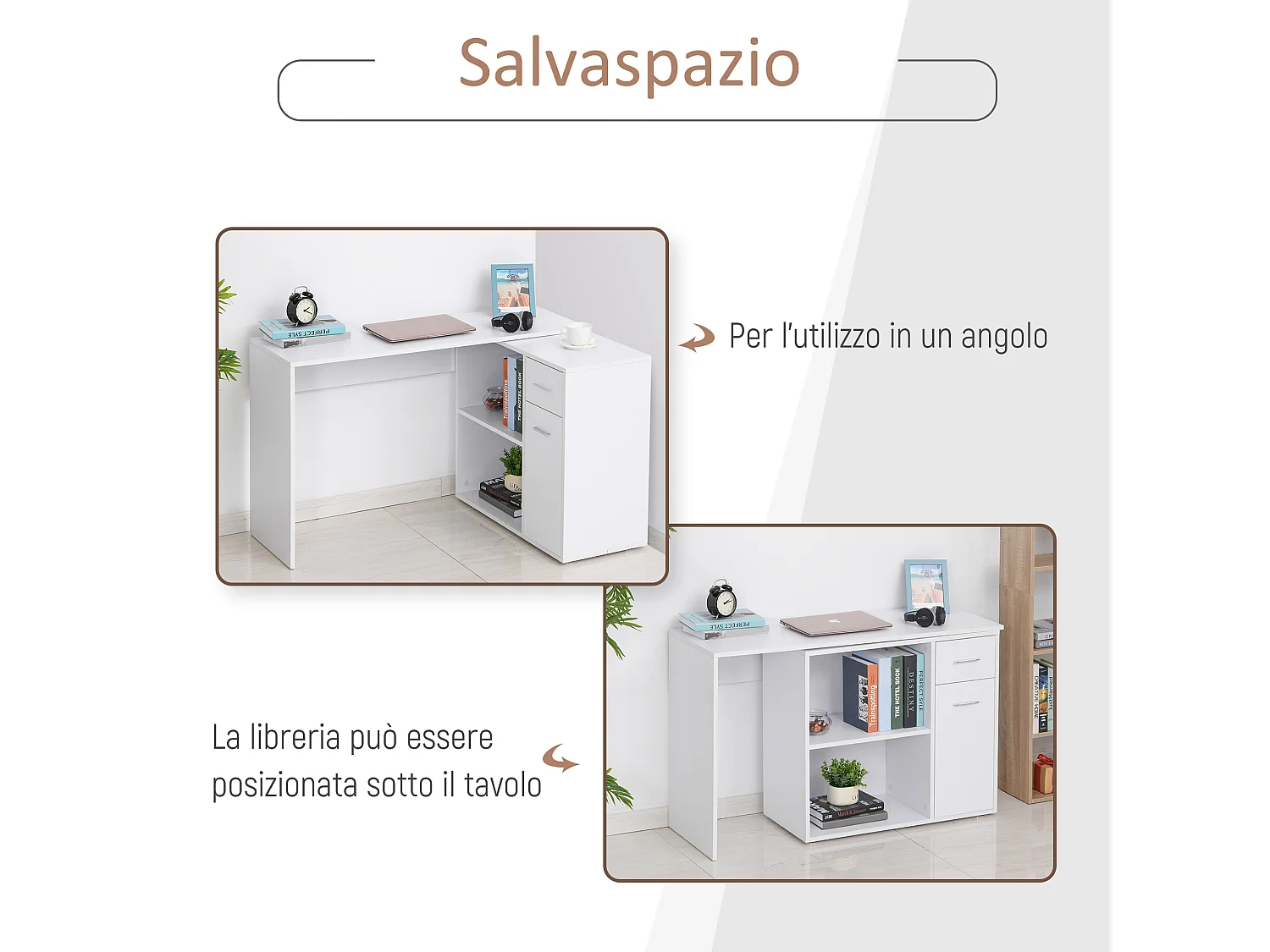 Scrivania angolare con libreria scaffale in legno bianco
