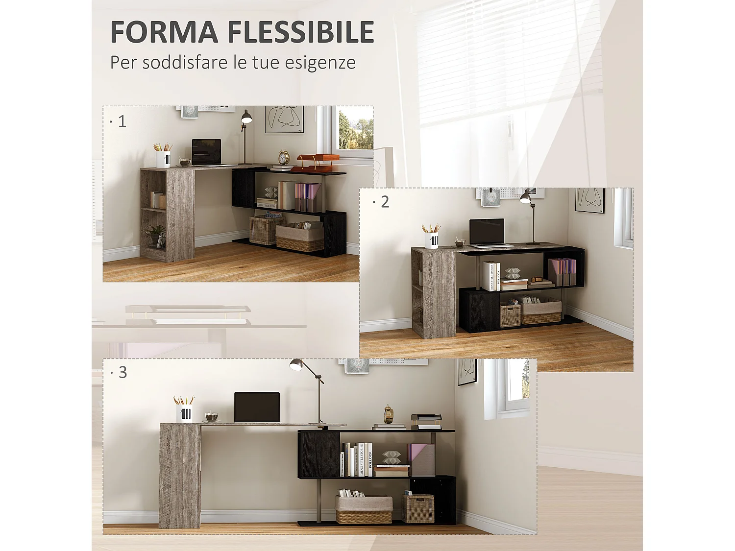 Scrivania angolare salvaspazio con ripiano a s in legno grigio