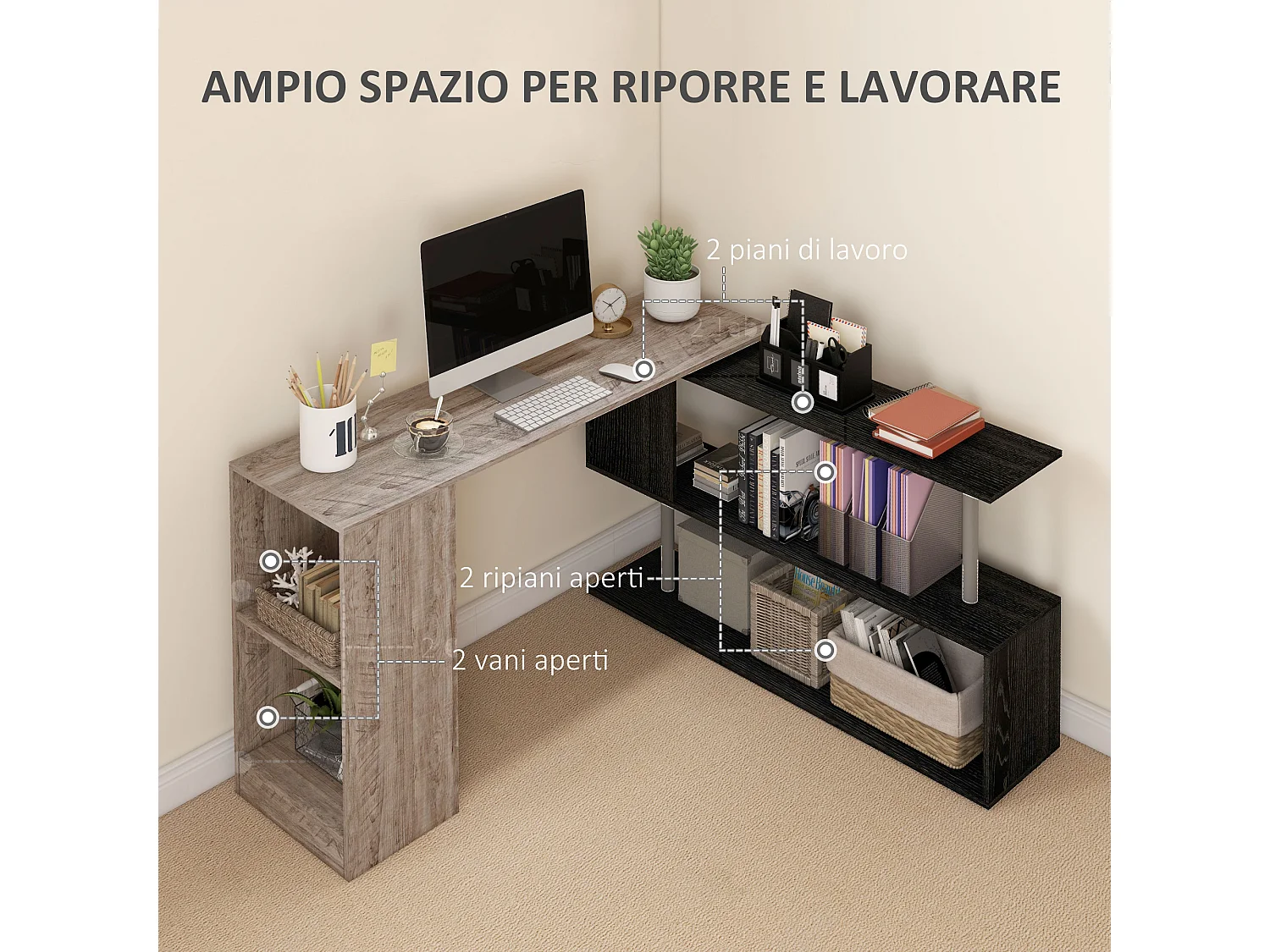 Scrivania angolare salvaspazio con ripiano a s in legno grigio