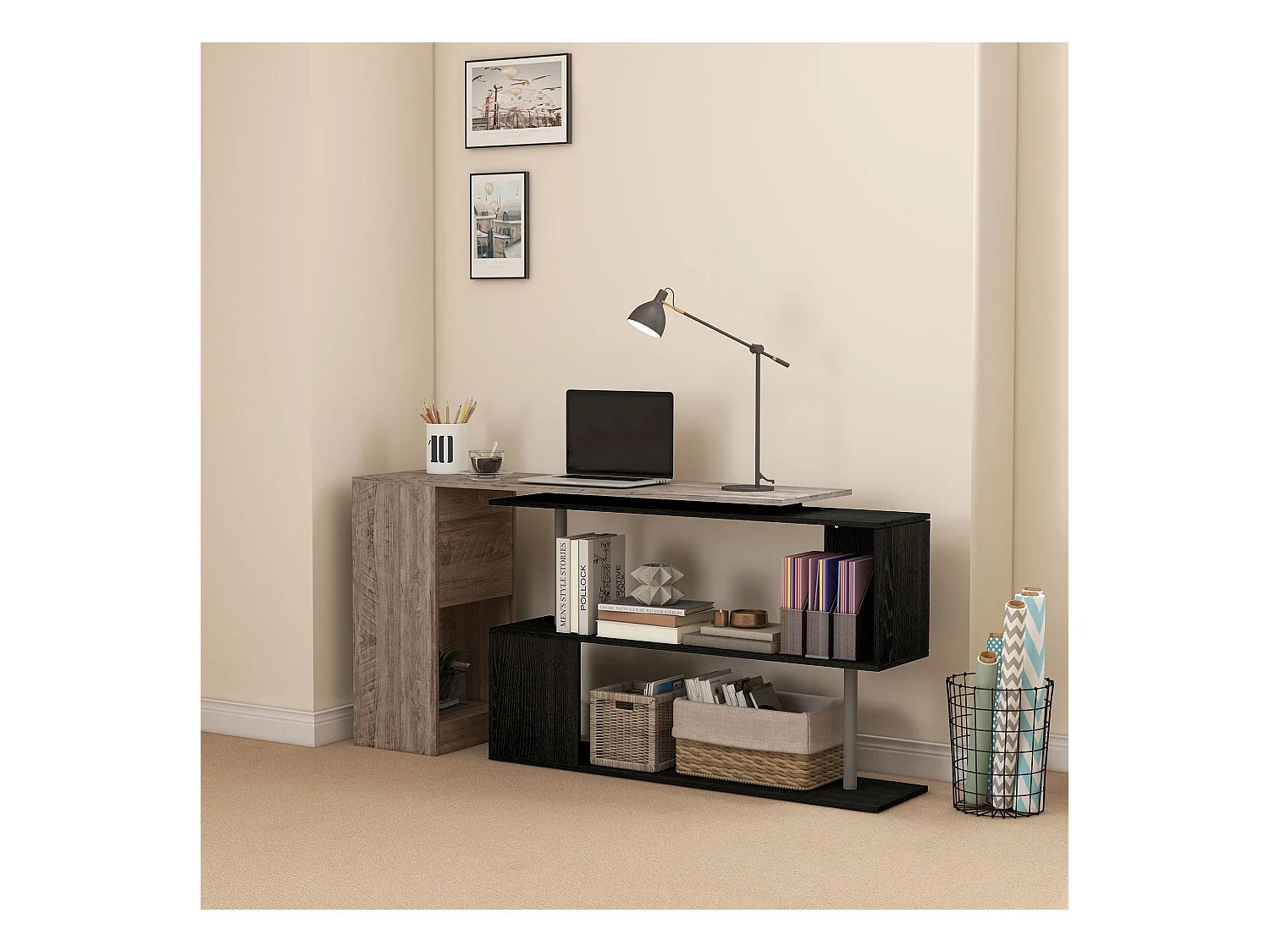 Scrivania angolare salvaspazio con ripiano a s in legno grigio