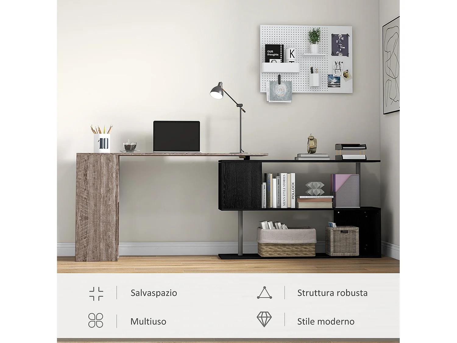 Scrivania angolare salvaspazio con ripiano a s in legno grigio
