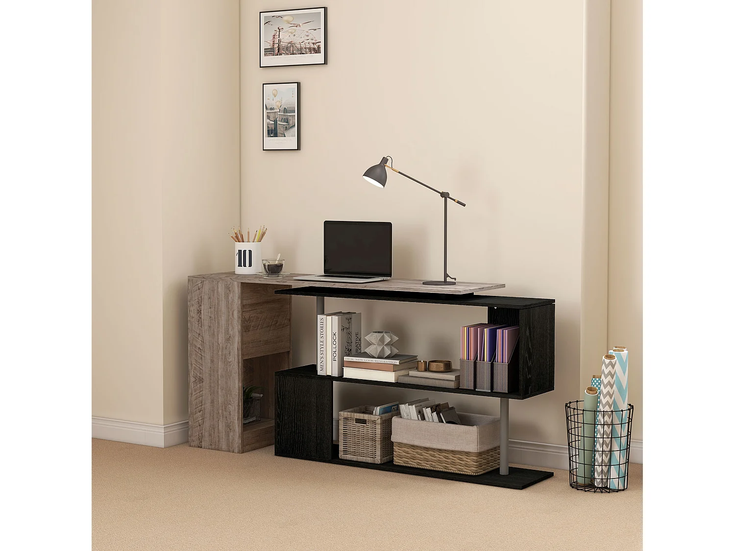 Scrivania angolare salvaspazio con ripiano a s in legno grigio