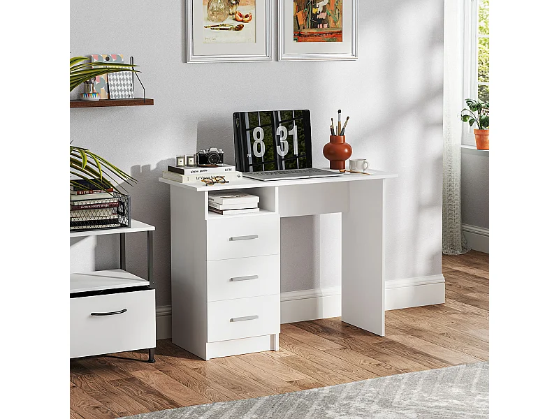 Scrivania moderna con 3 cassetti e ripiano aperto bianco e marrone