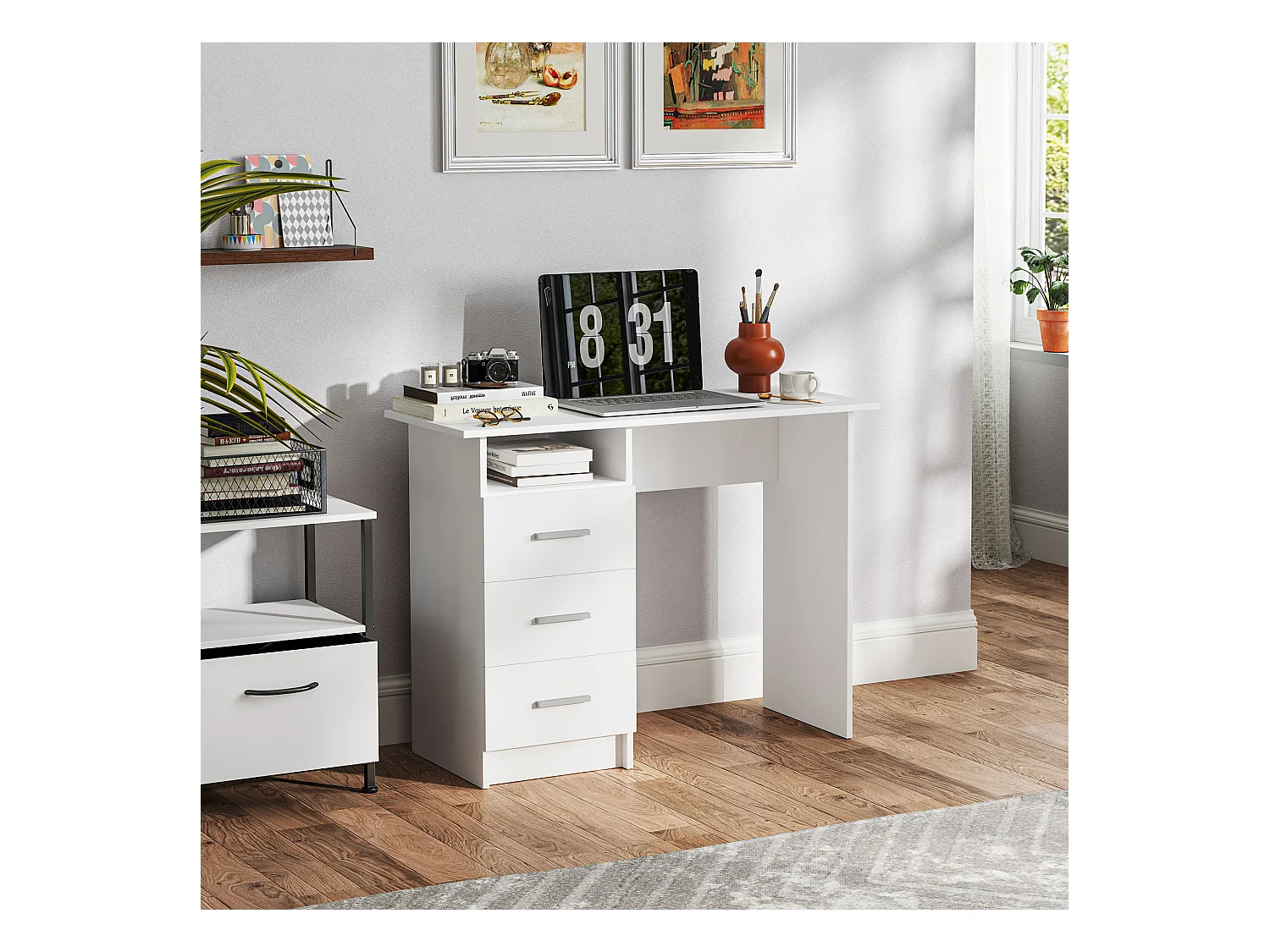 Scrivania moderna con 3 cassetti e ripiano aperto bianco e marrone