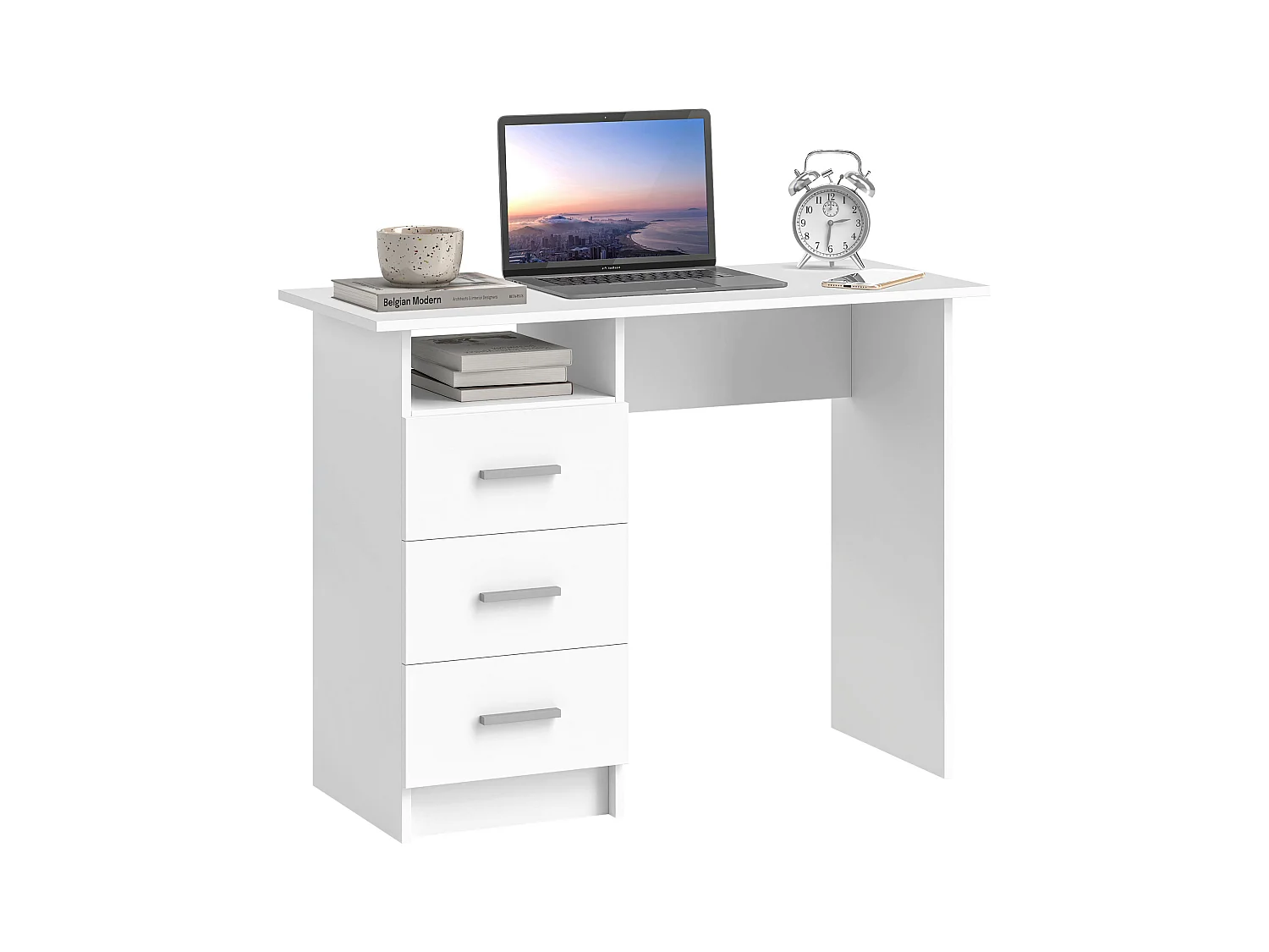 Scrivania moderna con 3 cassetti e ripiano aperto bianco e marrone