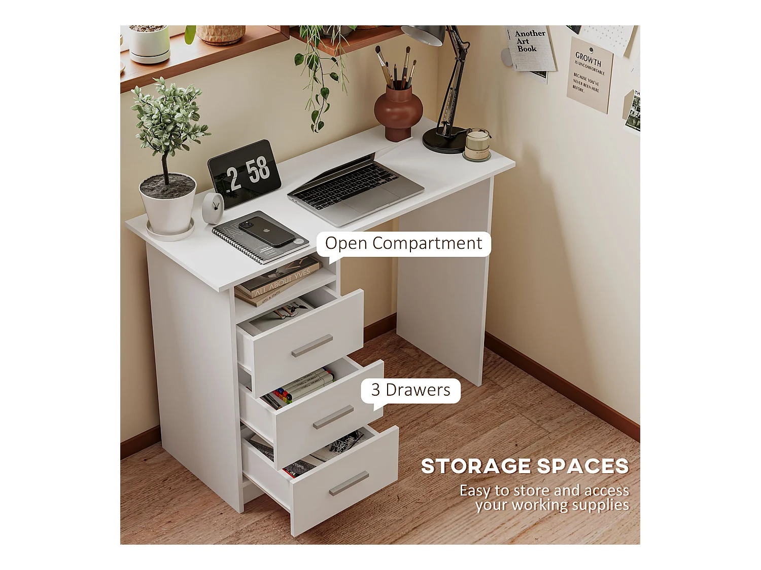 Scrivania moderna con 3 cassetti e ripiano aperto bianco e marrone