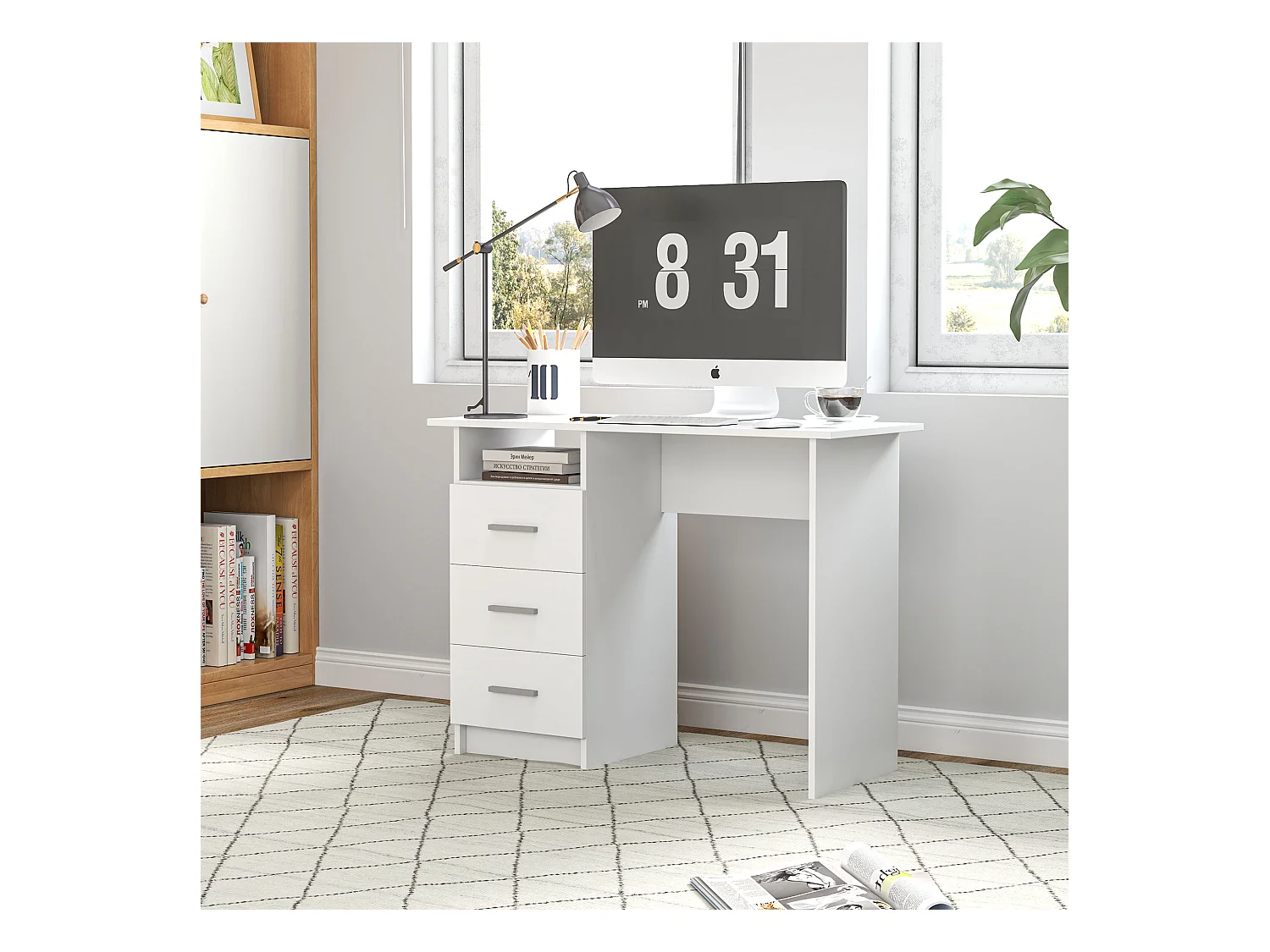 Scrivania moderna con 3 cassetti e ripiano aperto bianco e marrone