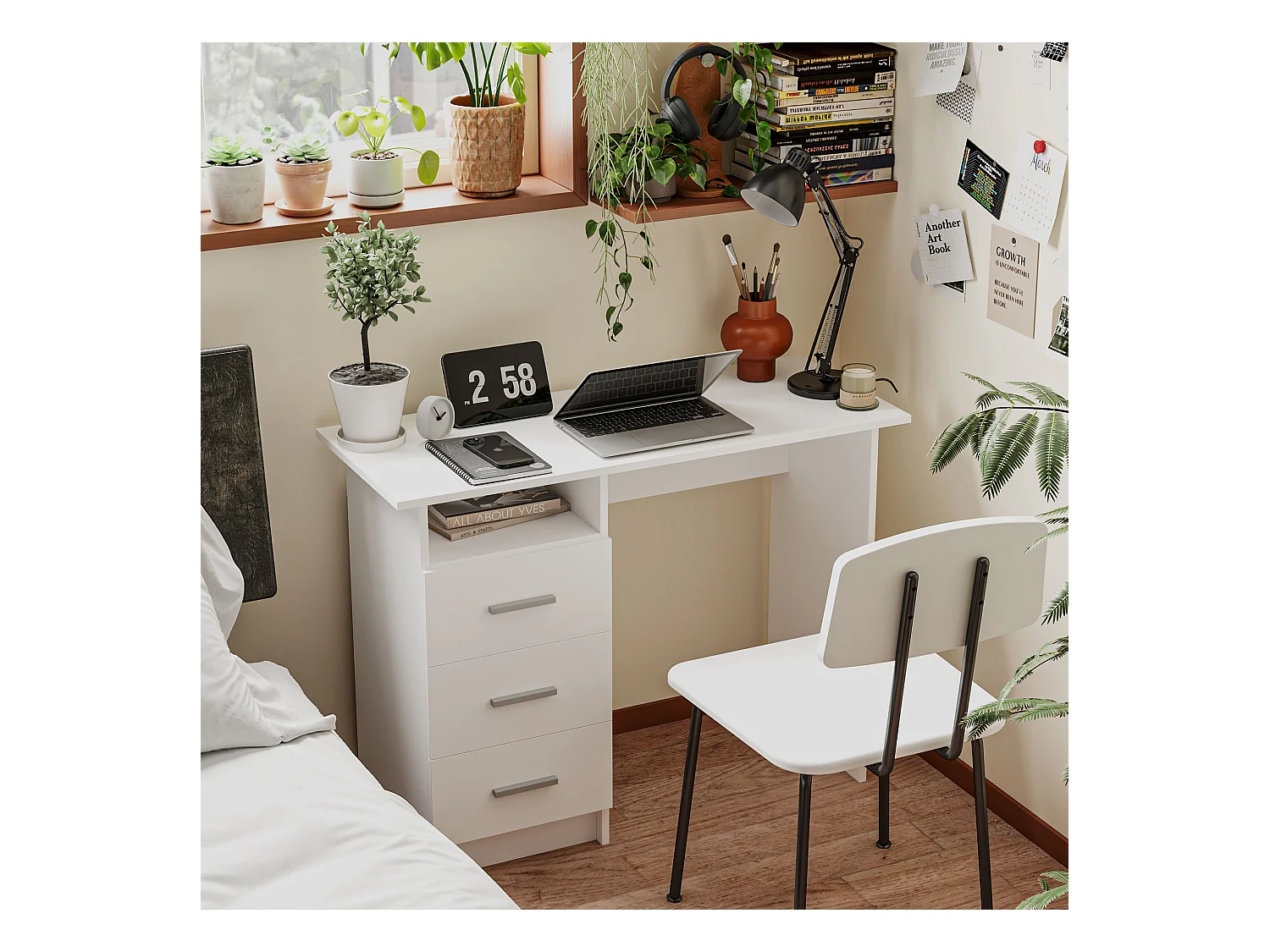 Scrivania moderna con 3 cassetti e ripiano aperto bianco e marrone