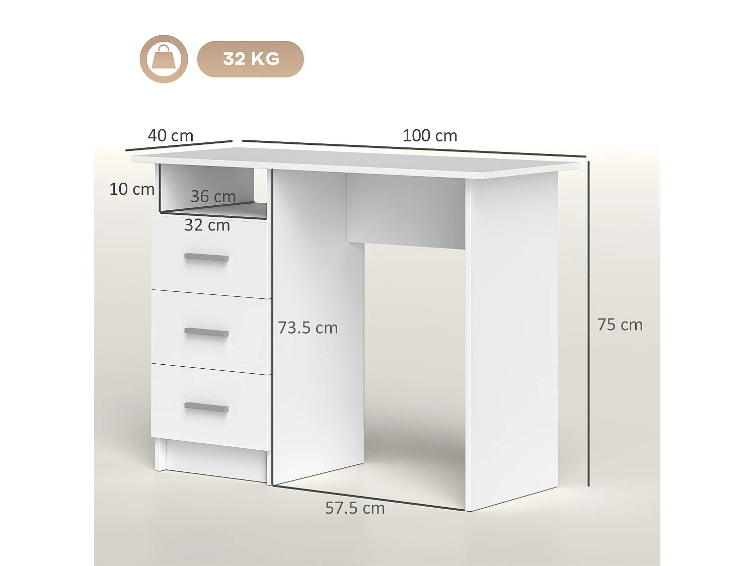 Scrivania moderna con 3 cassetti e ripiano aperto bianco e marrone