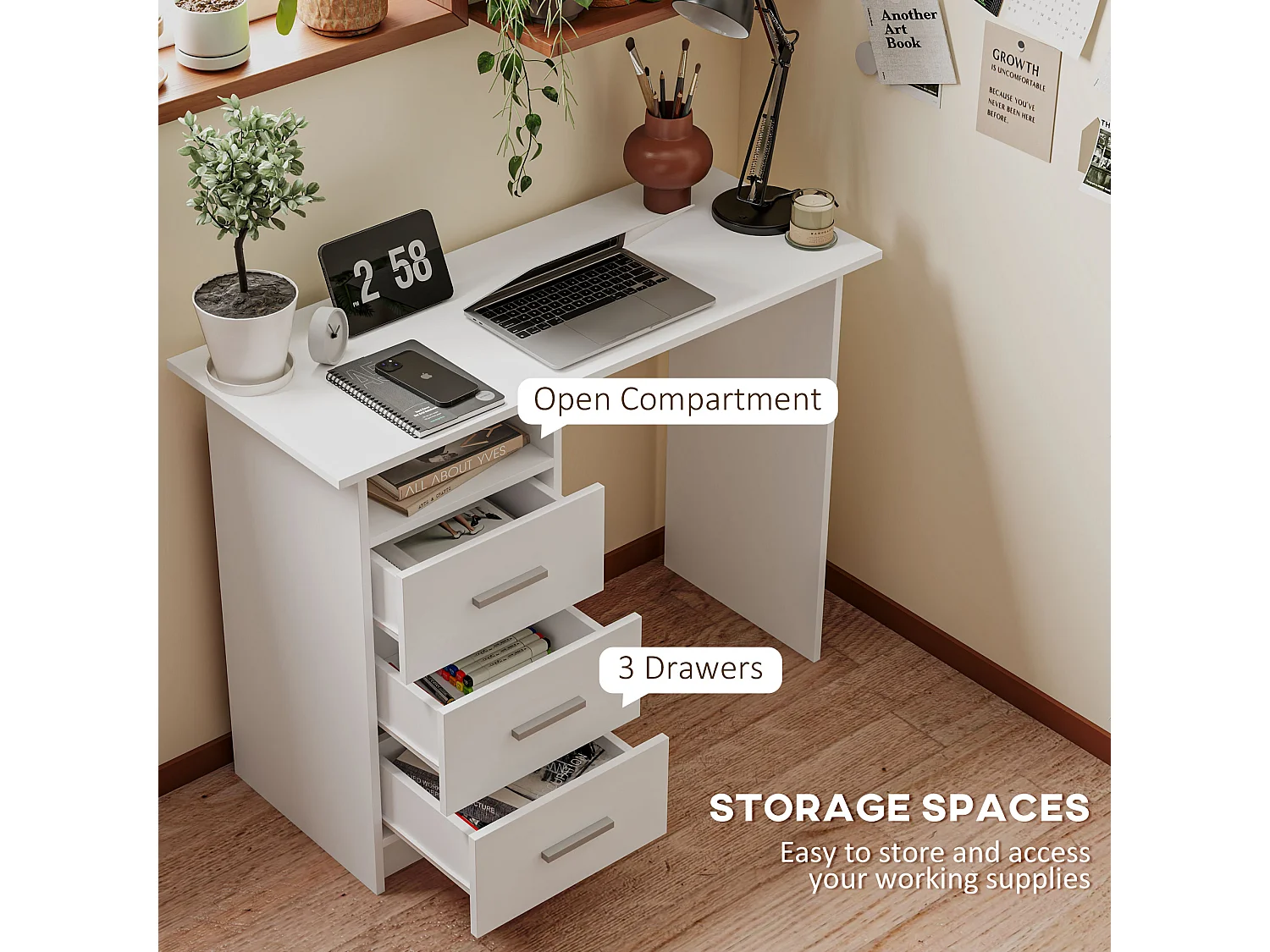 Scrivania moderna con 3 cassetti e ripiano aperto bianco e marrone