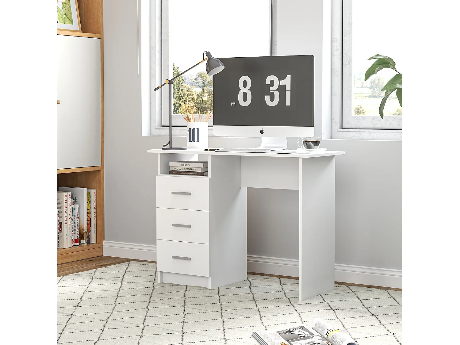 Scrivania moderna con 3 cassetti e ripiano aperto bianco e marrone