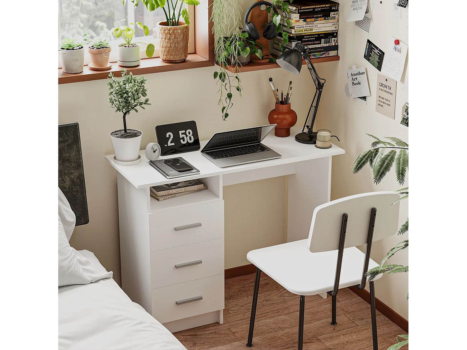 Scrivania moderna con 3 cassetti e ripiano aperto bianco e marrone