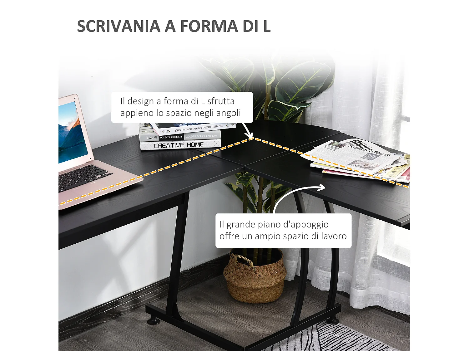 Scrivania gaming angolare salvaspazio in legno e metallo nera
