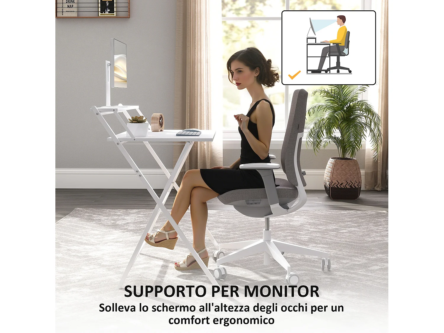 Scrivania pieghevole salvaspazio con ripiano supporto monitor bianco
