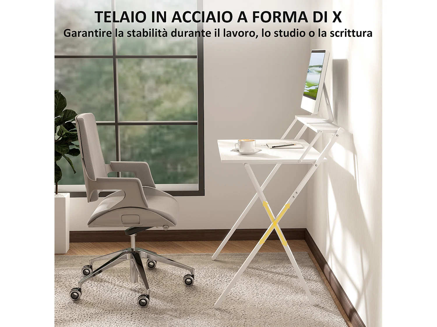 Scrivania pieghevole salvaspazio con ripiano supporto monitor bianco