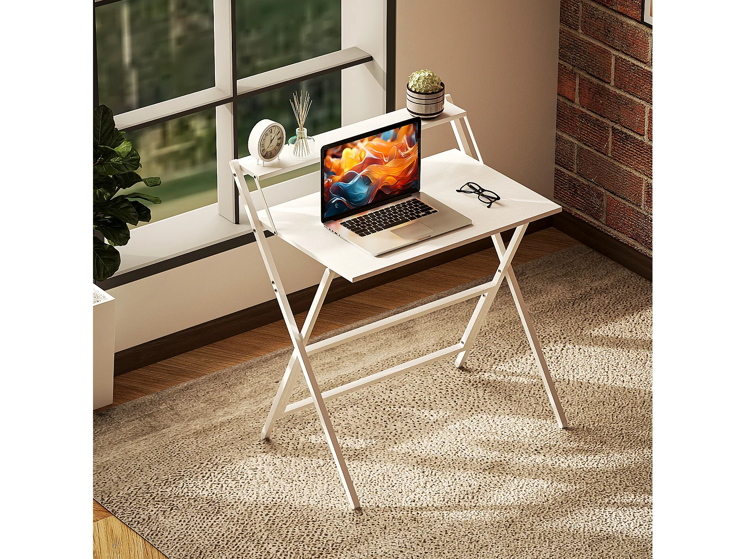 Scrivania pieghevole salvaspazio con ripiano supporto monitor bianco