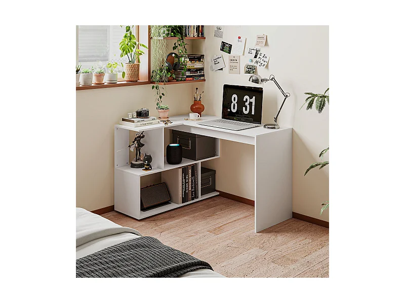 Scrivania angolare moderna con 4 ripiani in legno 120x100x77 cm bianco
