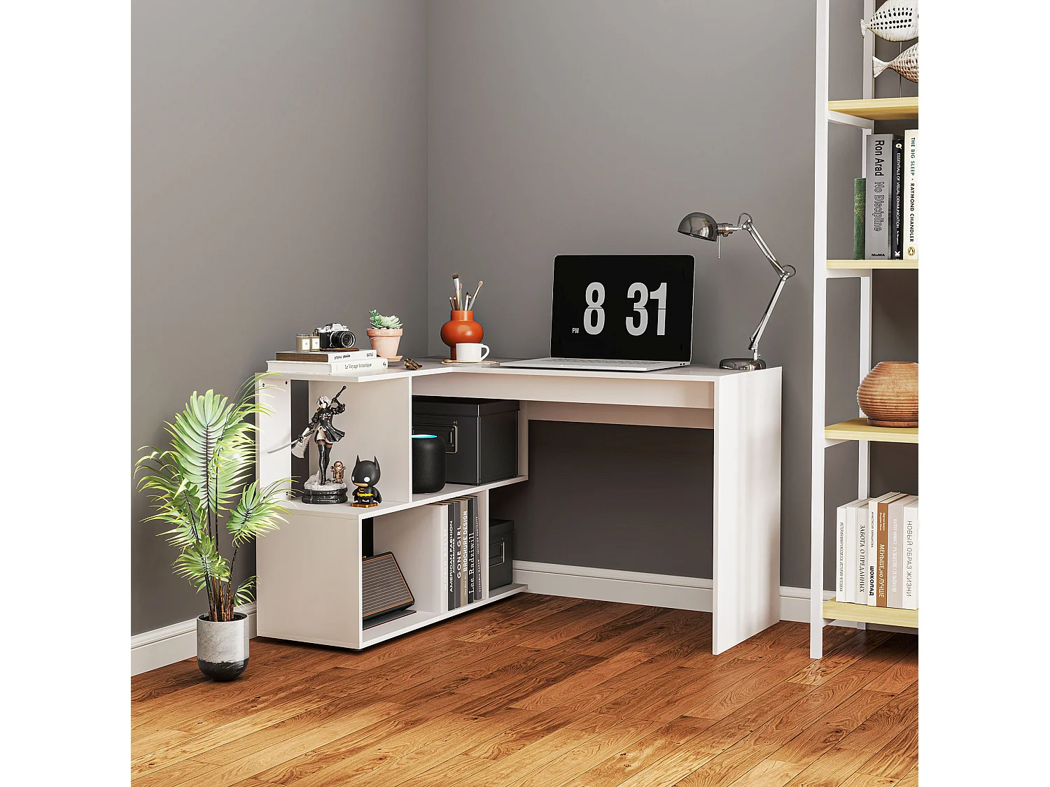 Scrivania angolare moderna con 4 ripiani in legno 120x100x77 cm bianco