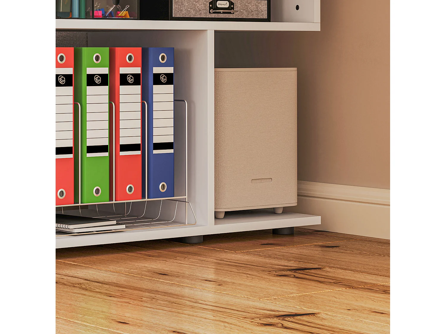 Scrivania angolare moderna con 4 ripiani in legno 120x100x77 cm bianco