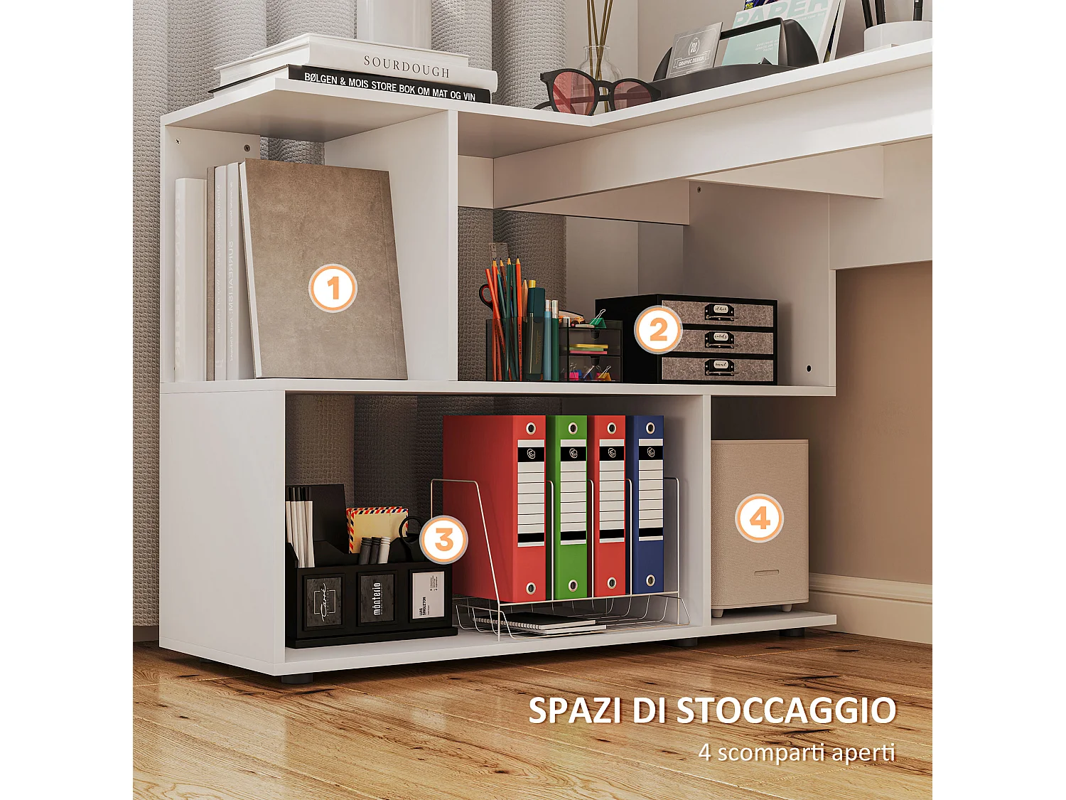 Scrivania angolare moderna con 4 ripiani in legno 120x100x77 cm bianco