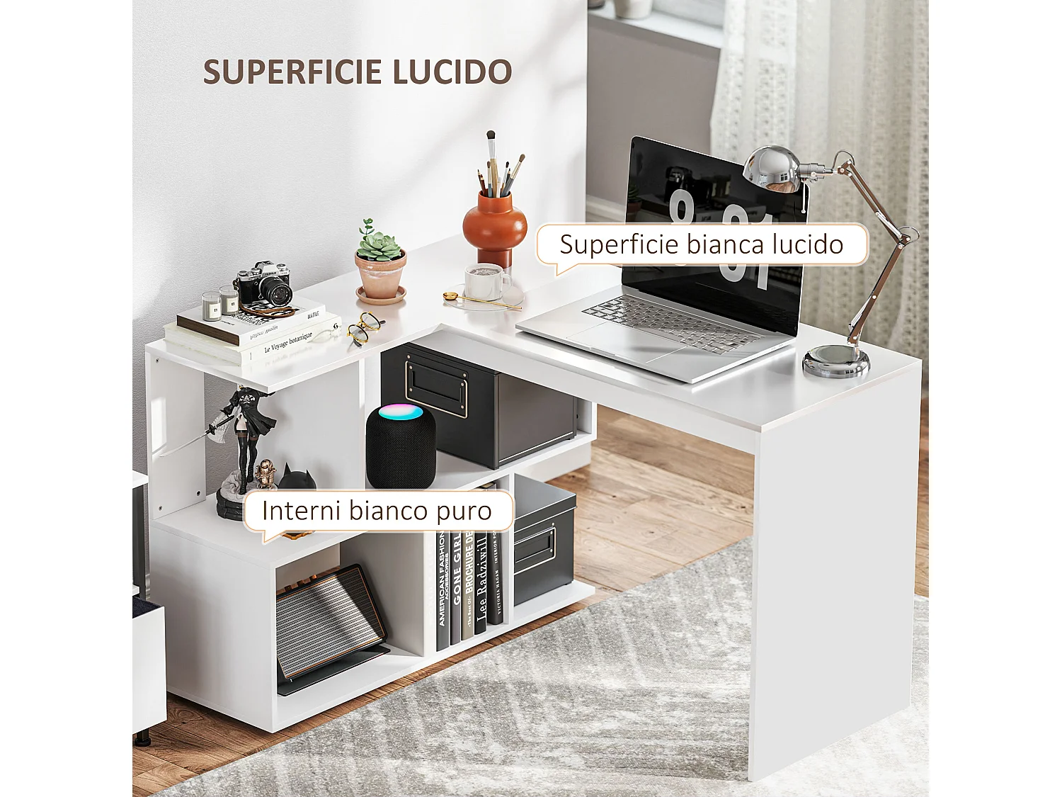 Scrivania angolare moderna con 4 ripiani in legno 120x100x77 cm bianco