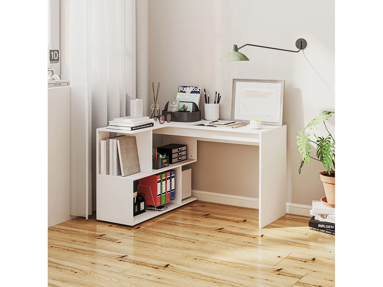 Scrivania angolare moderna con 4 ripiani in legno 120x100x77 cm bianco