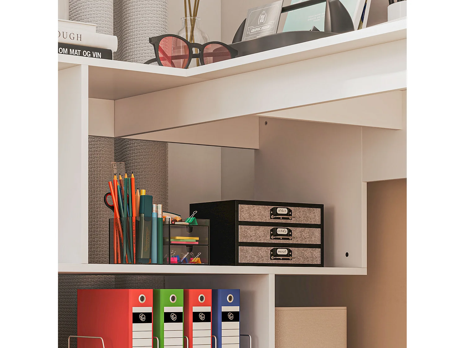 Scrivania angolare moderna con 4 ripiani in legno 120x100x77 cm bianco