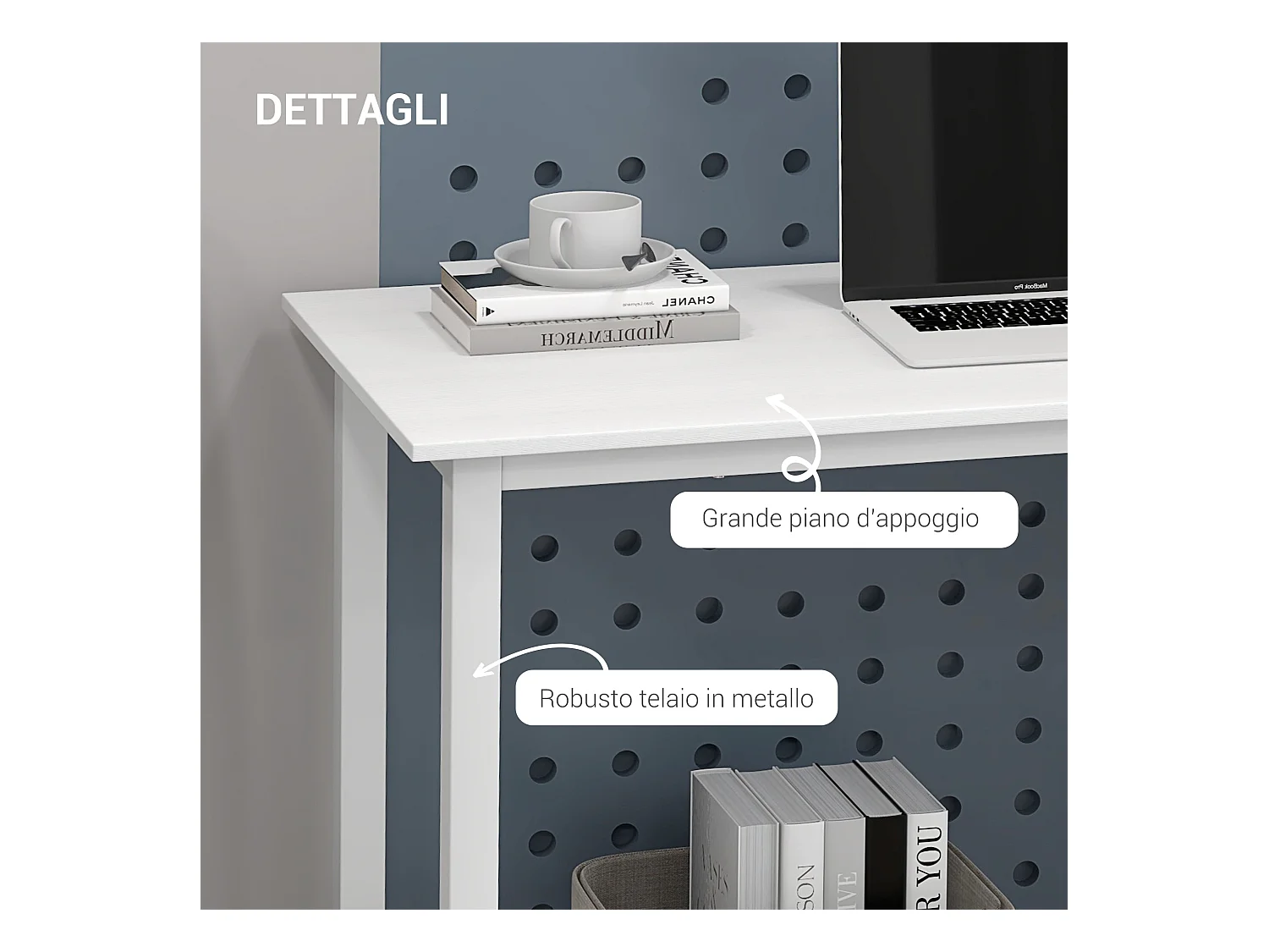 Scrivania moderna da camera e ufficio in truciolato e acciaio bianco