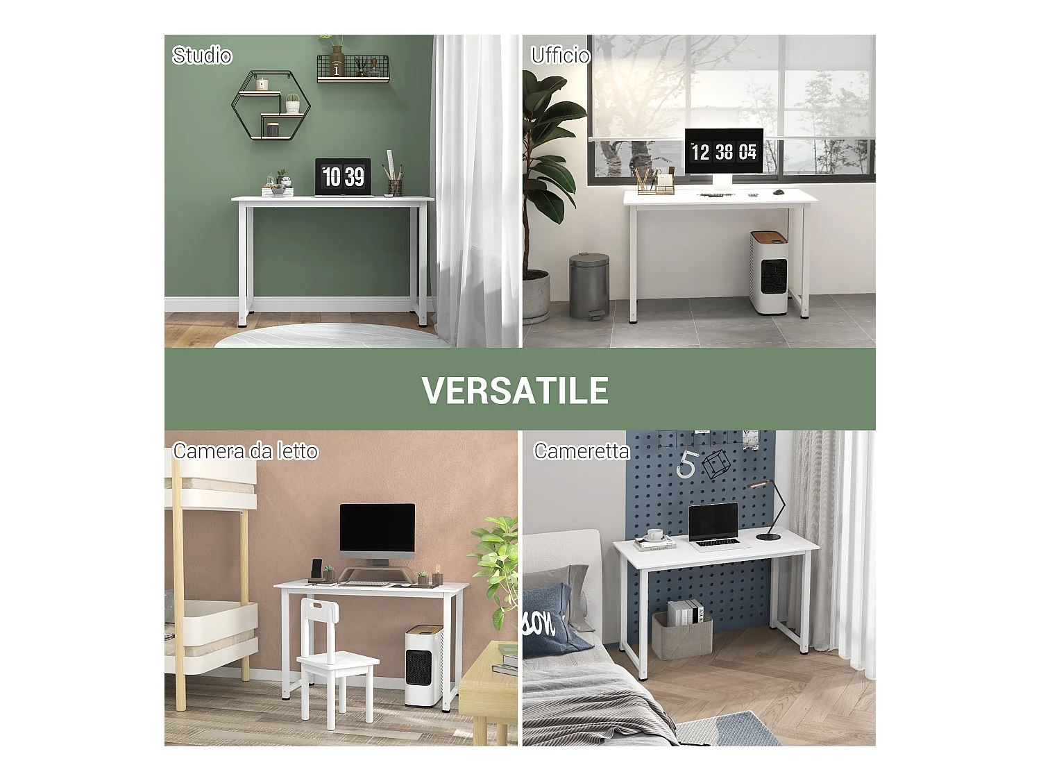 Scrivania moderna da camera e ufficio in truciolato e acciaio bianco