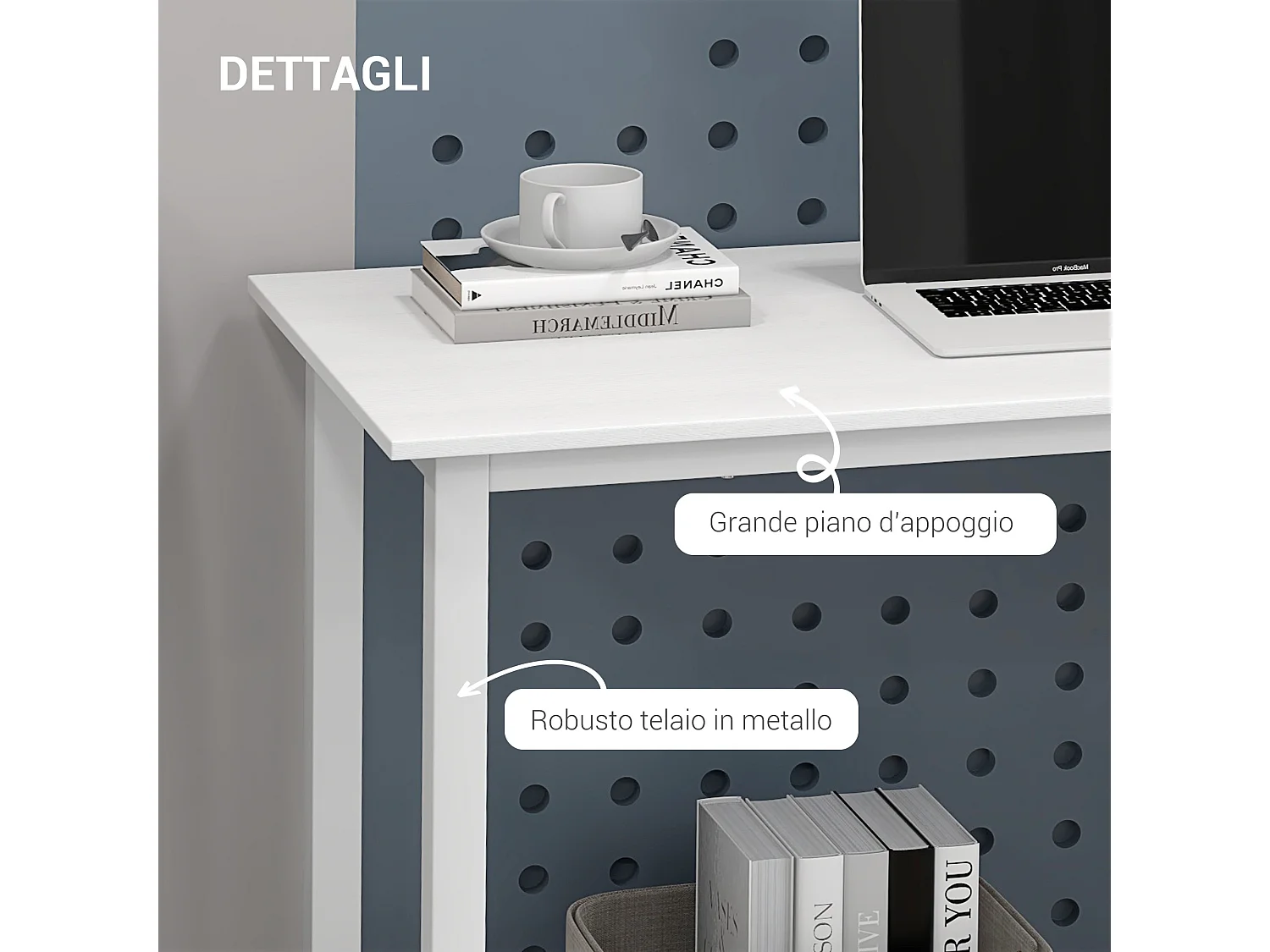 Scrivania moderna da camera e ufficio in truciolato e acciaio bianco