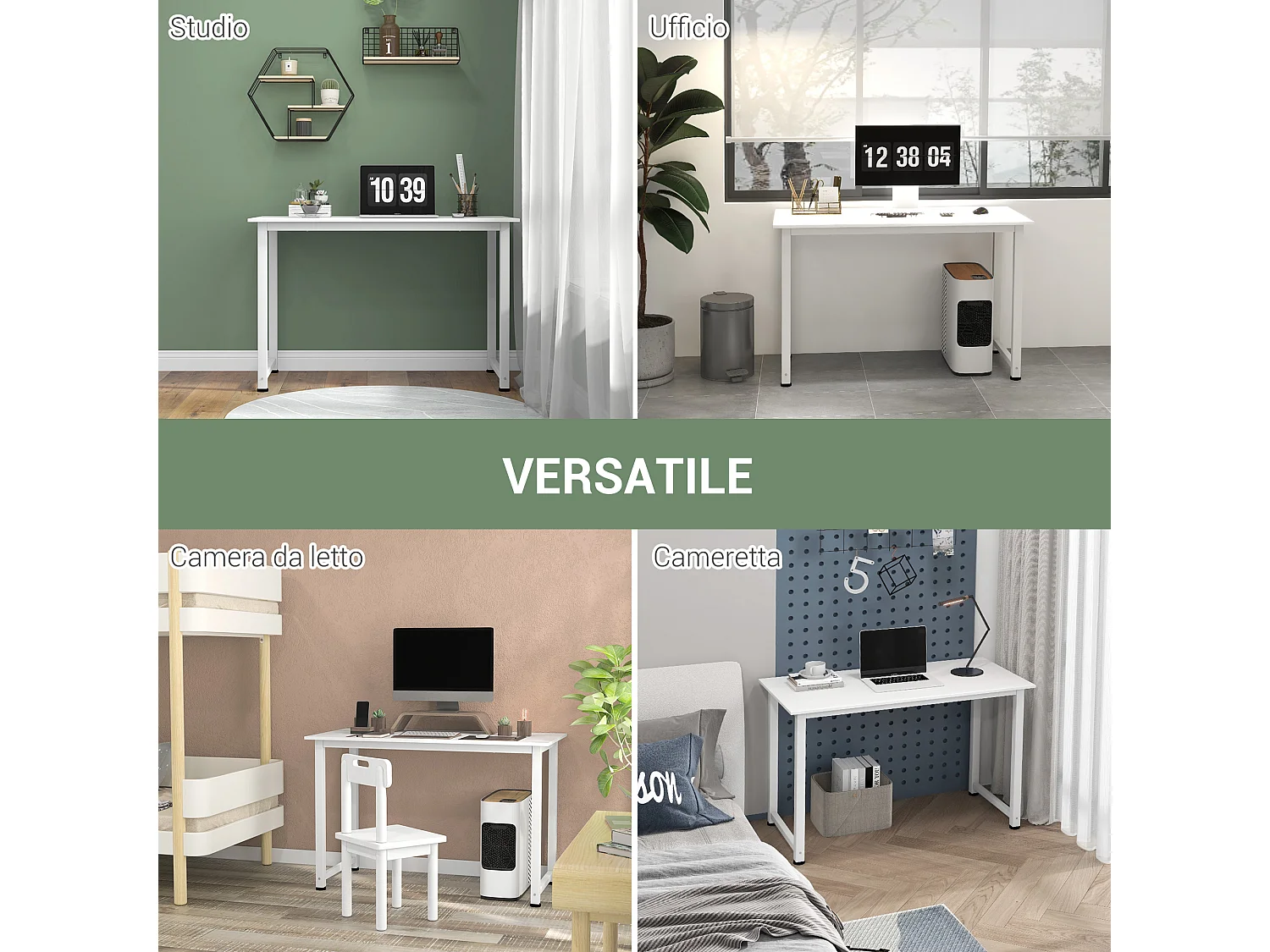 Scrivania moderna da camera e ufficio in truciolato e acciaio bianco