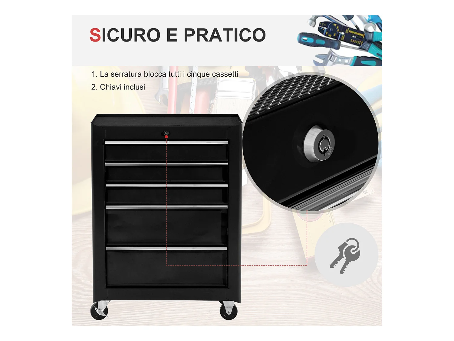 Carrello porta utensili attrezzi attrezzatura con cassettiera nero