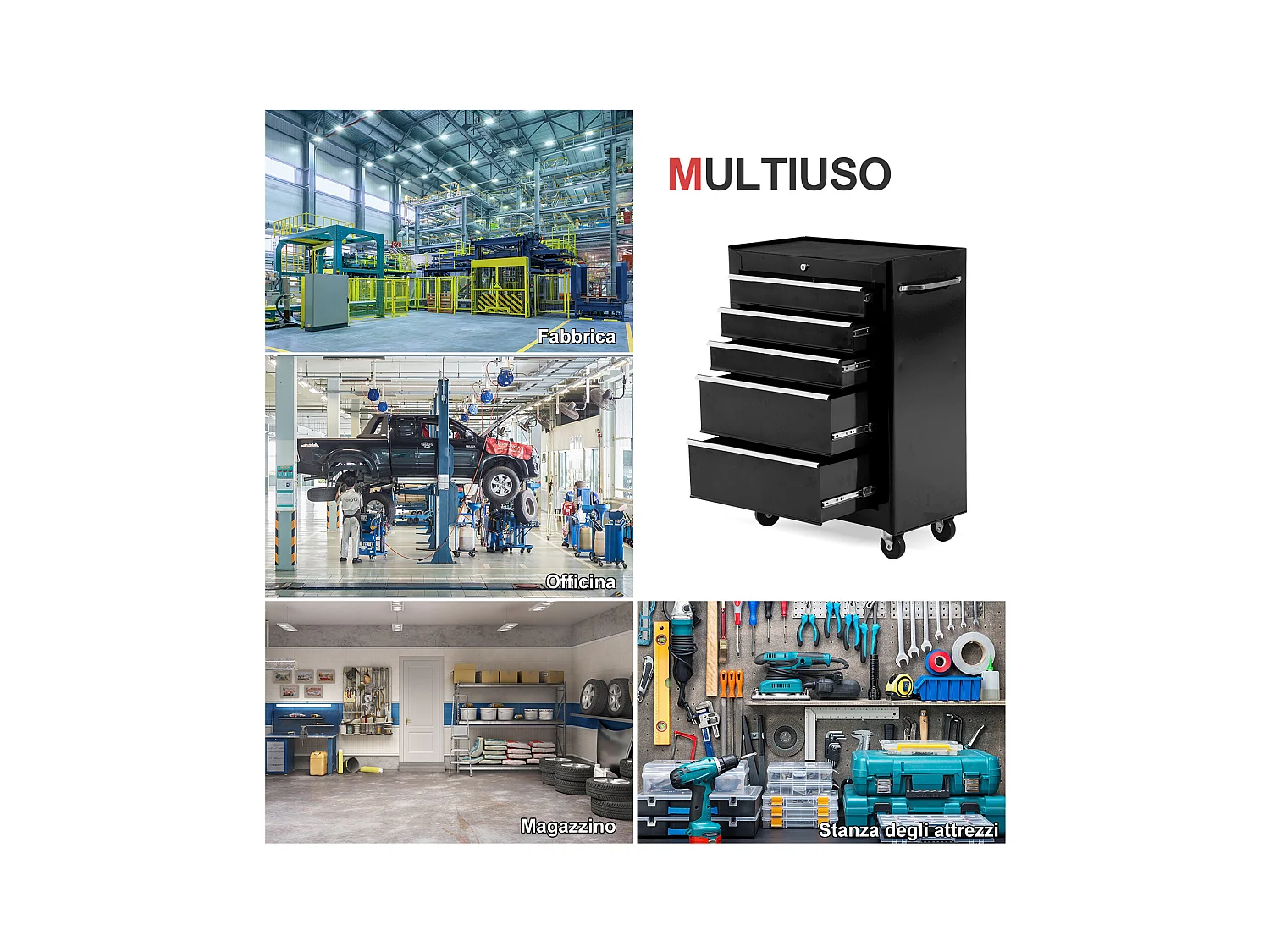 Carrello porta utensili attrezzi attrezzatura con cassettiera nero