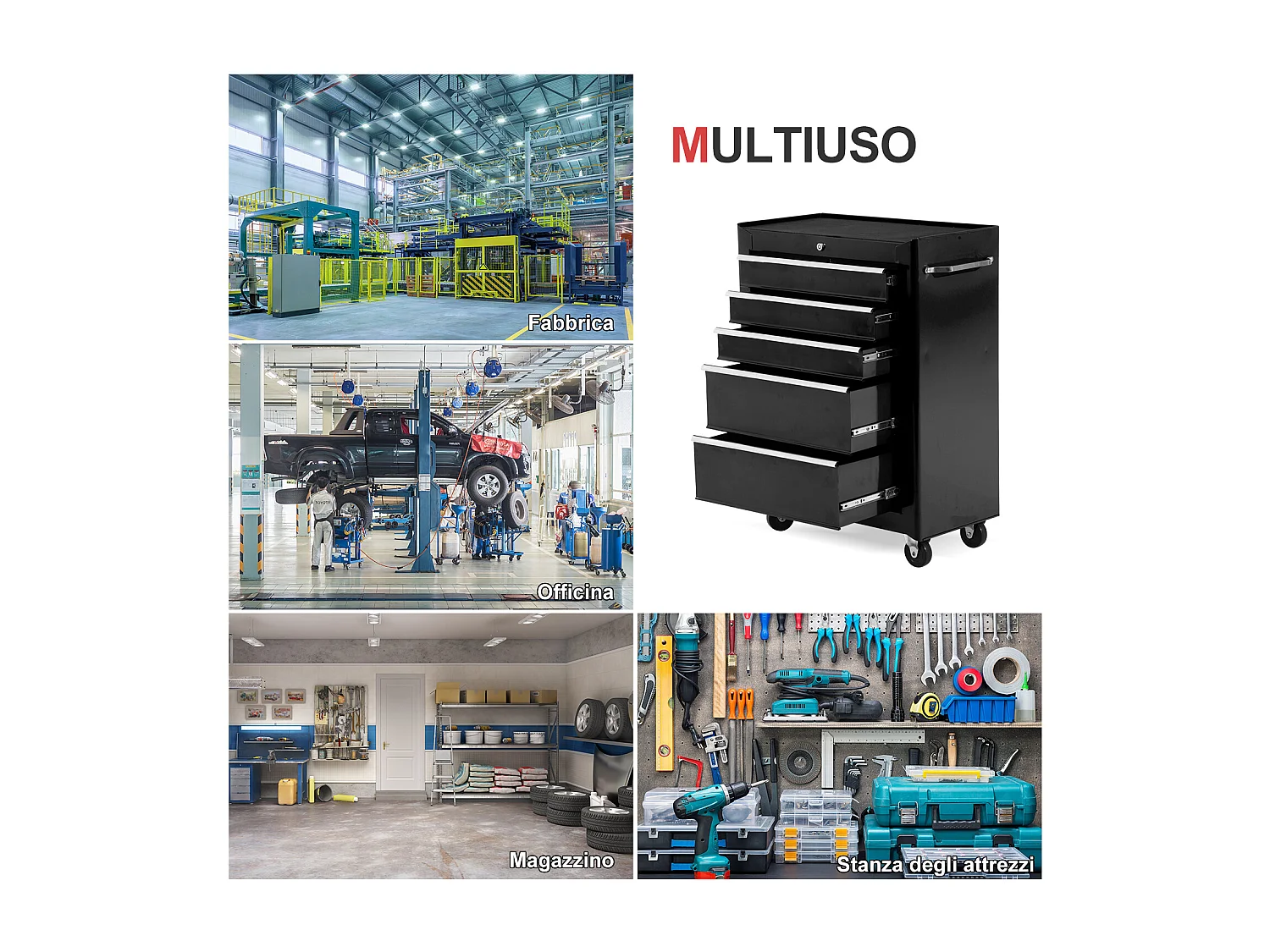 Carrello porta utensili attrezzi attrezzatura con cassettiera nero