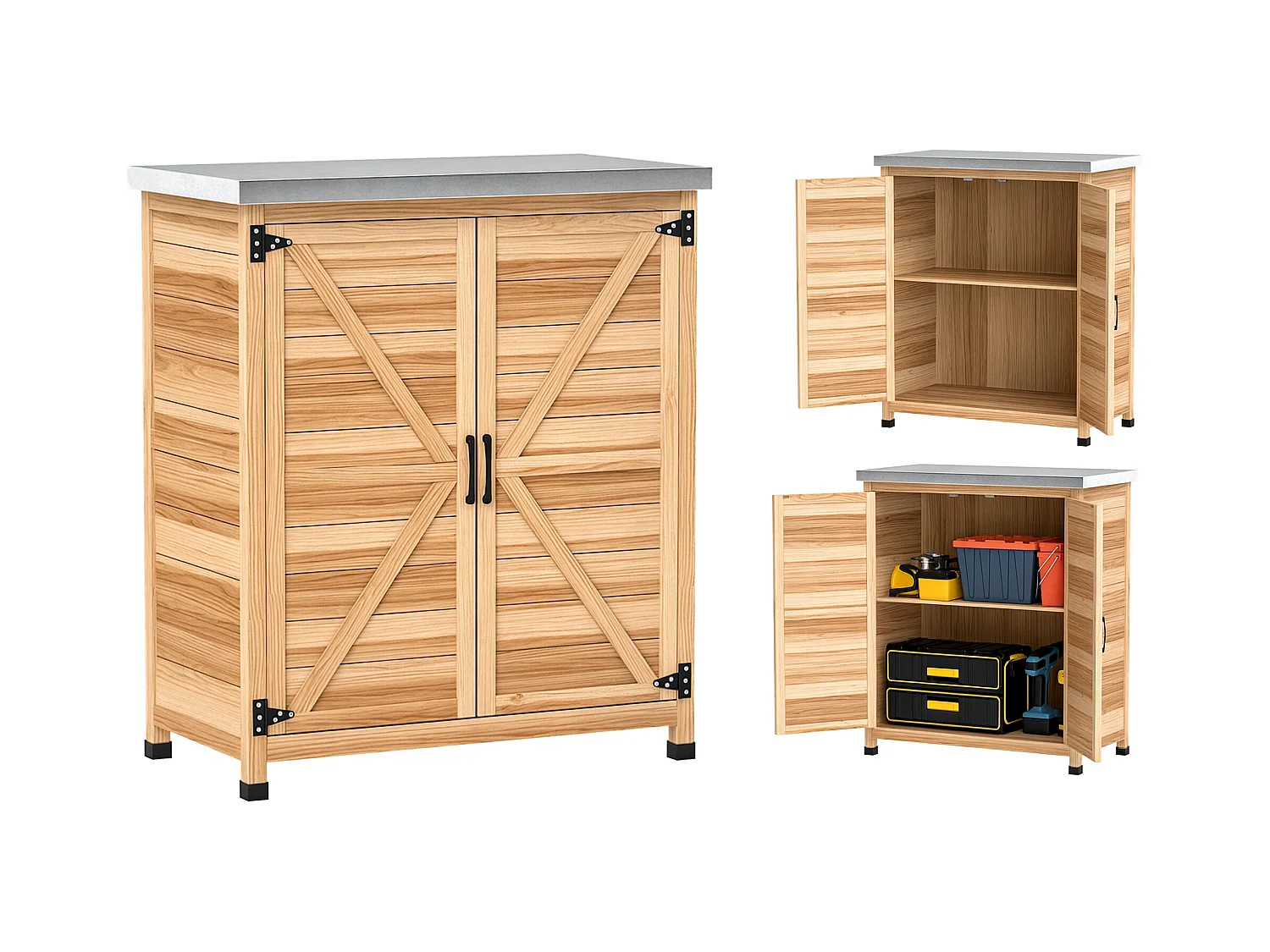 Armadio da esterno con ripiano interno e banco da lavoro color legno