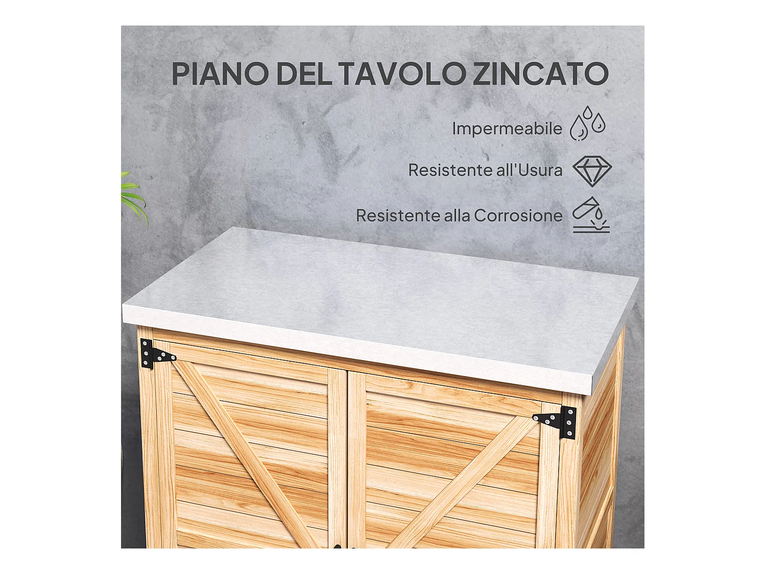 Armadio da esterno con ripiano interno e banco da lavoro color legno