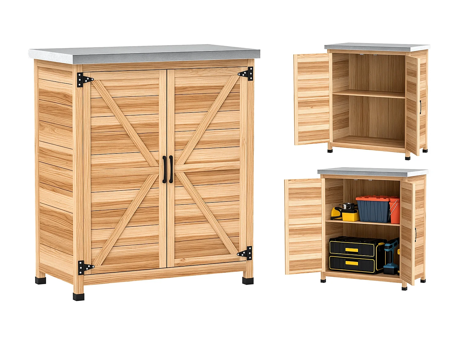 Armadio da esterno con ripiano interno e banco da lavoro color legno