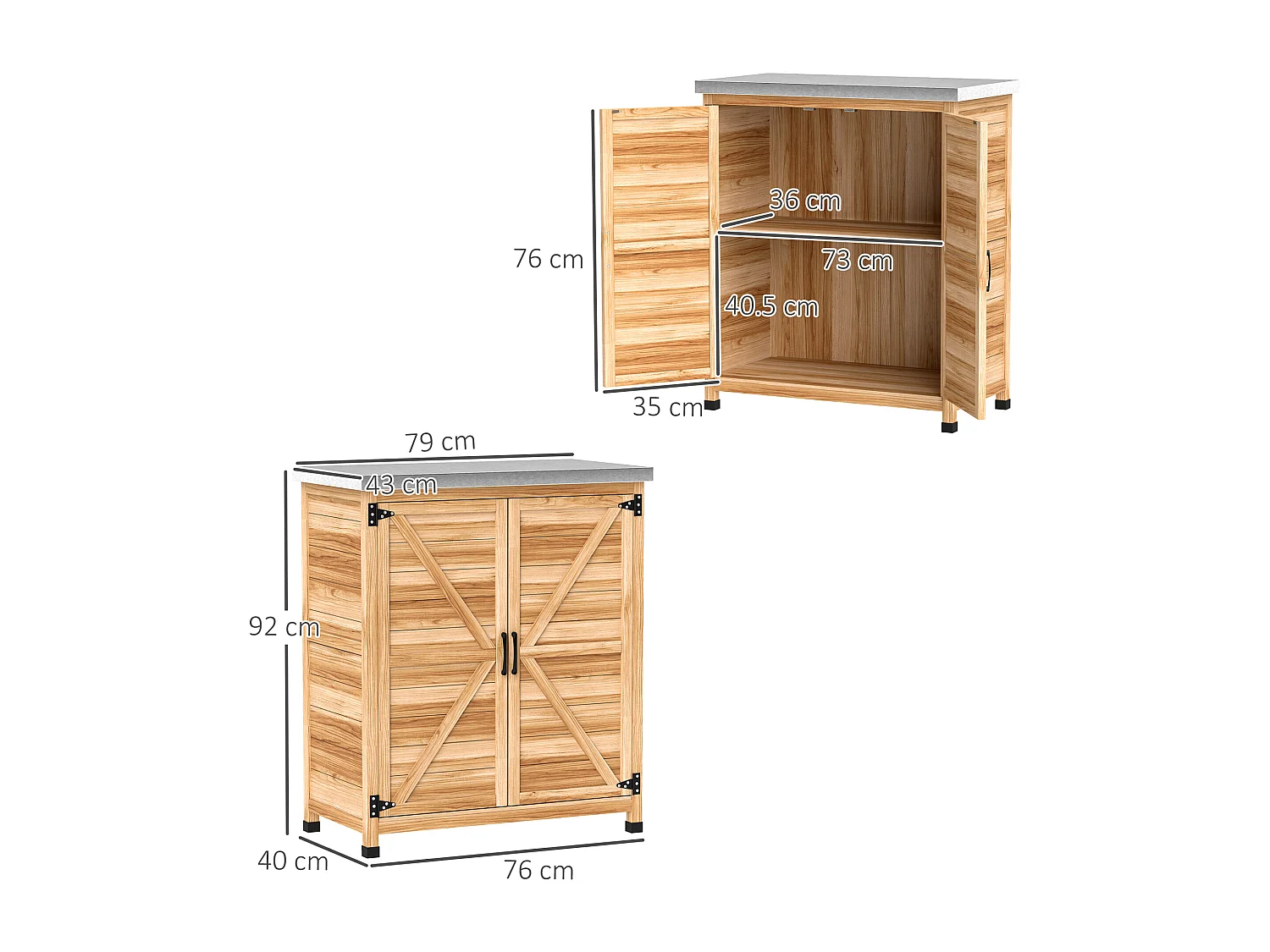 Armadio da esterno con ripiano interno e banco da lavoro color legno
