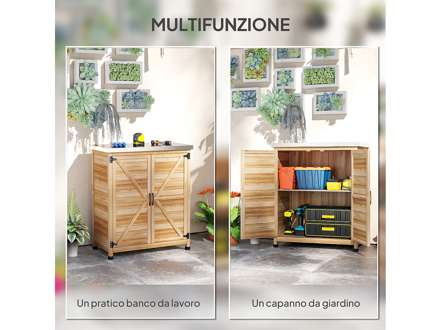 Armadio da esterno con ripiano interno e banco da lavoro color legno