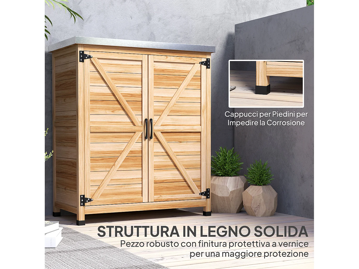 Armadio da esterno con ripiano interno e banco da lavoro color legno