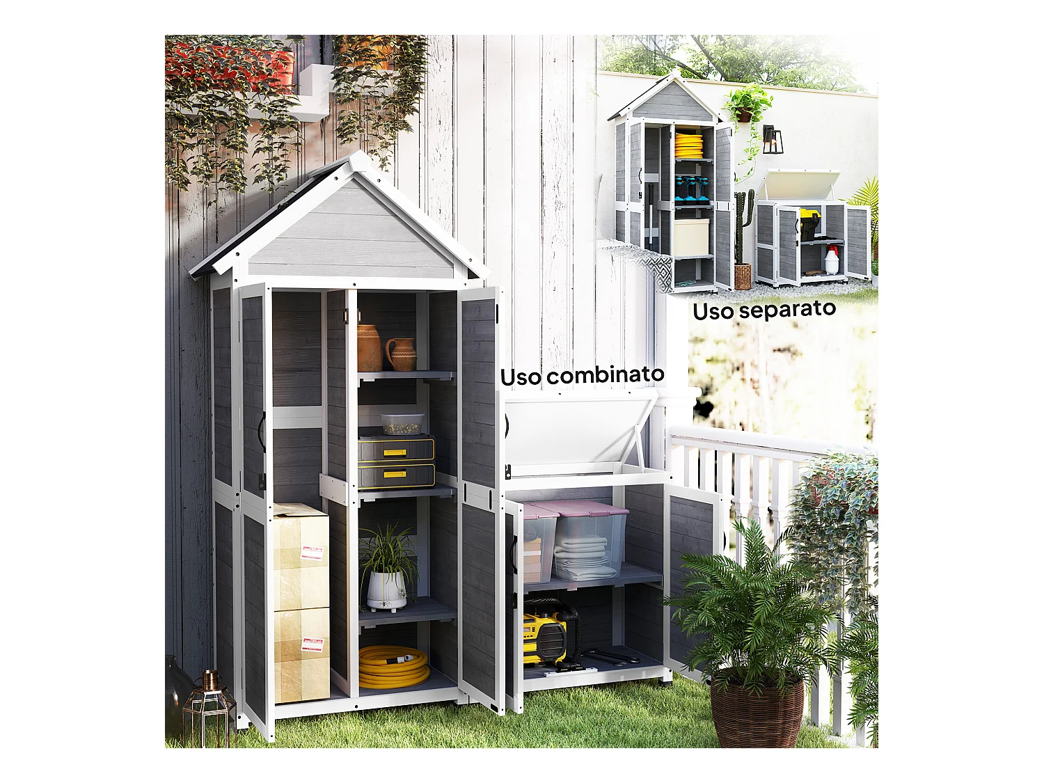 Casetta da giardino e armadio porta attrezzi in legno grigio chiaro