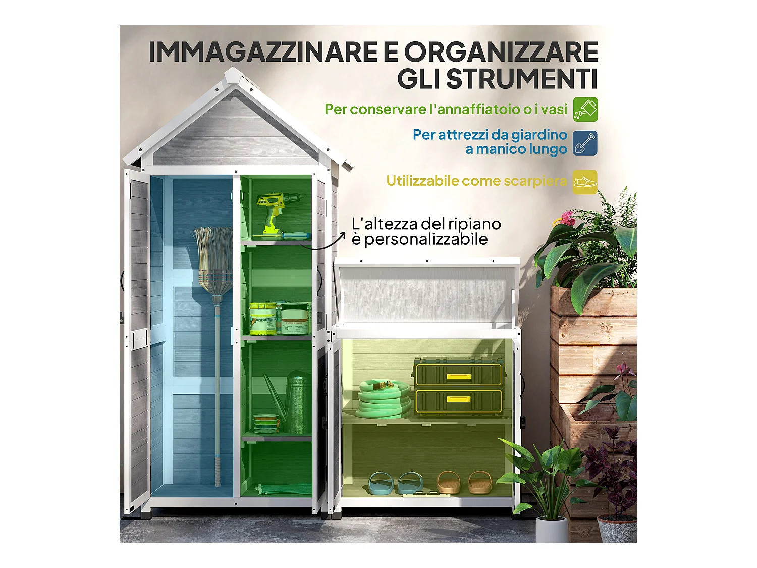 Casetta da giardino e armadio porta attrezzi in legno grigio chiaro